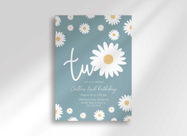 Daisy-themed second birthday invitation in dusty blue with a white daisy pattern, reading 'TWO' for Callie's 2nd birthday, with the party date, time, and location.
