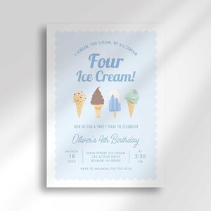 Flat straight-on view of the Four Ice Cream fourth birthday invitation with party details.