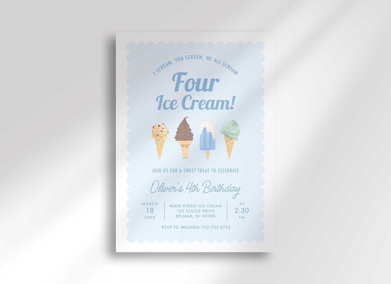 Flat straight-on view of the Four Ice Cream fourth birthday invitation with party details.