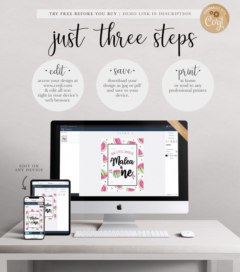 An illustration showing how to edit the templates on a computer, tablet, and smartphone on a desk setup.