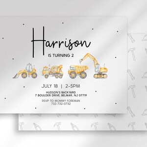 Construction truck birthday invitation shown with a coordinating gray backing card patterned with tool and hard hat icons.