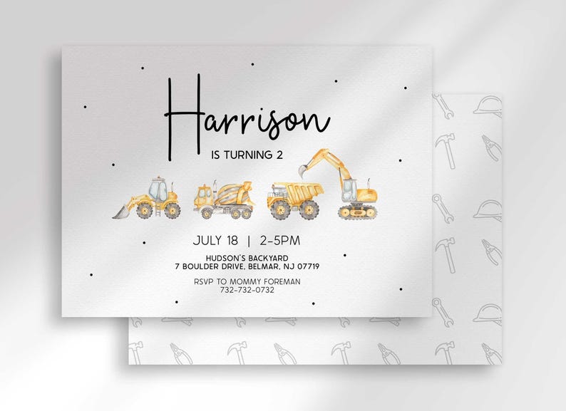 Construction truck birthday invitation shown with a coordinating gray backing card patterned with tool and hard hat icons.