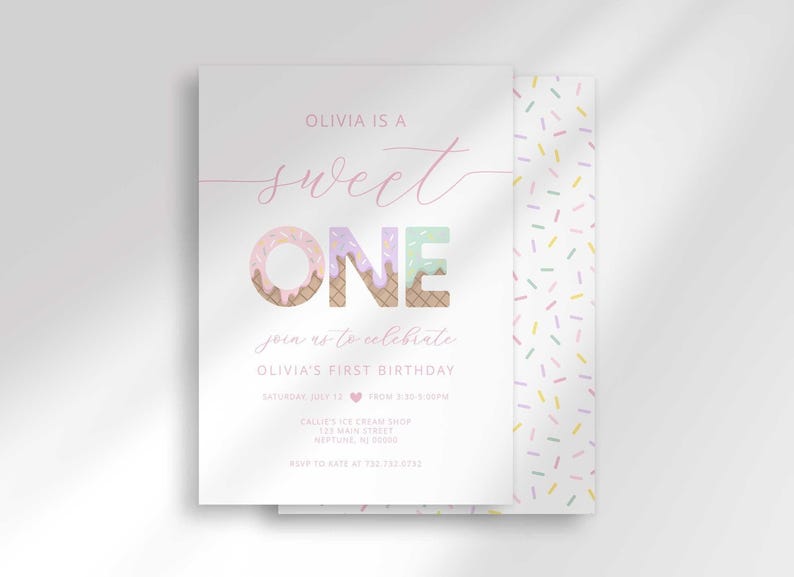 Elegant white "Sweet ONE" first birthday invitation for Olivia, with soft pink cursive script, pastel confetti lettering, and a colorful sprinkle-pattern side border.