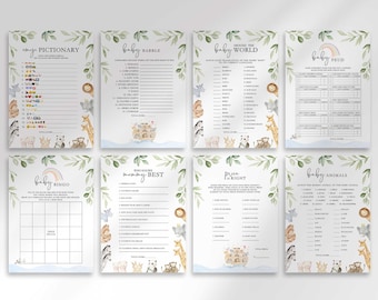 Pacchetto di giochi per baby shower a tema Arca di Noè, attività modificabili (download digitale)