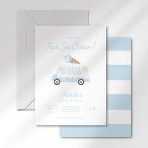 The invitation's front design shown angled and stacked in front of a matching blue-and-white striped back and a gray envelope.