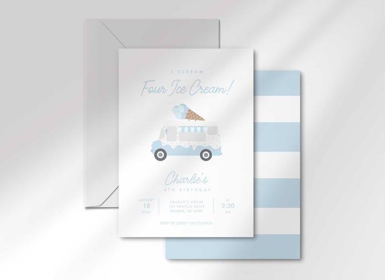 The invitation's front design shown angled and stacked in front of a matching blue-and-white striped back and a gray envelope.