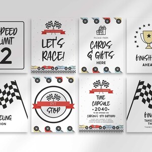 Grid overview of eight black and white checkered-flag racing party signs, covering Speed Limit age sign, Let's Race! welcome sign, Please Park Cards & Gifts Here, Finish Line Ahead trophy sign, Refueling Station, Pit Stop, Time Capsule, and Final Lap Take One For the Road signs.
