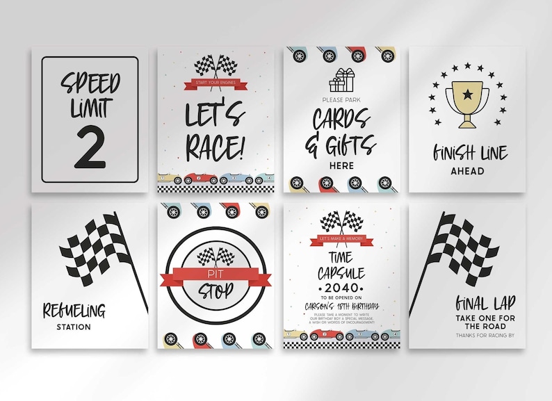 Grid overview of eight black and white checkered-flag racing party signs, covering Speed Limit age sign, Let's Race! welcome sign, Please Park Cards & Gifts Here, Finish Line Ahead trophy sign, Refueling Station, Pit Stop, Time Capsule, and Final Lap Take One For the Road signs.