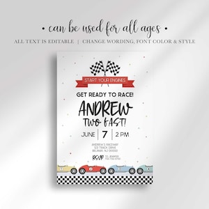 Graphic noting the design can be used for all ages, all text is editable, change wording, font color and style, shown with an age-variant example reading "Andrew Two Fast!"