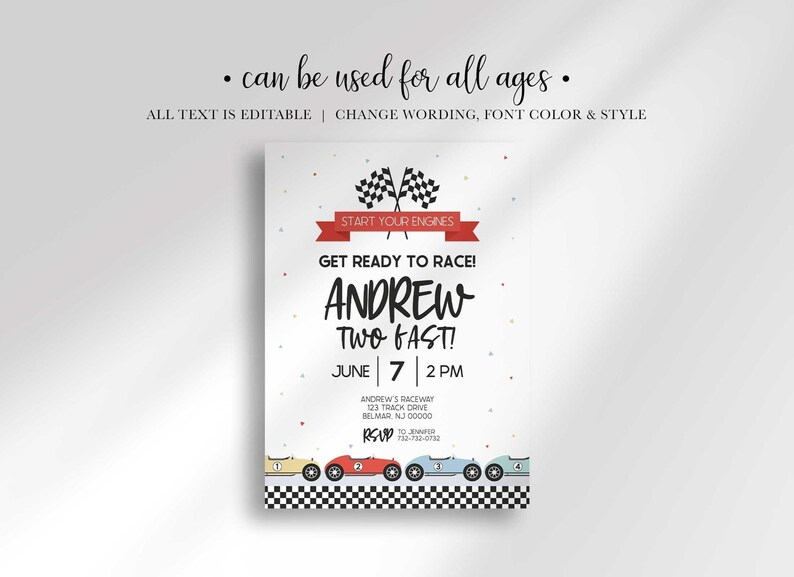 Graphic noting the design can be used for all ages, all text is editable, change wording, font color and style, shown with an age-variant example reading "Andrew Two Fast!"