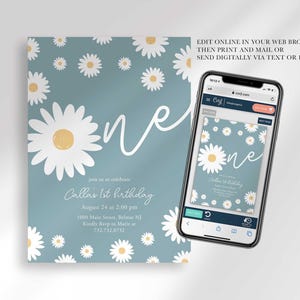 Graphic showing the invitation displayed on a smartphone, explaining that customers can edit it online in their web browser, then print and mail it or send it digitally via text or email.