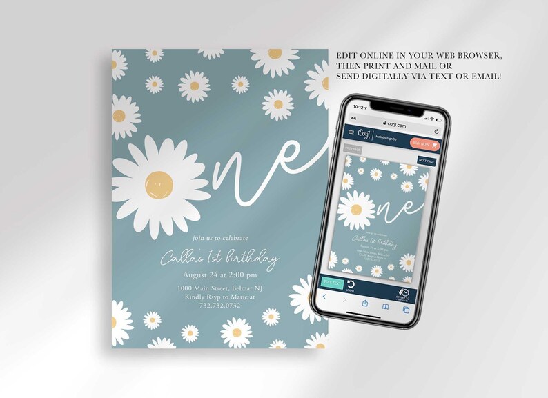 Graphic showing the invitation displayed on a smartphone, explaining that customers can edit it online in their web browser, then print and mail it or send it digitally via text or email.