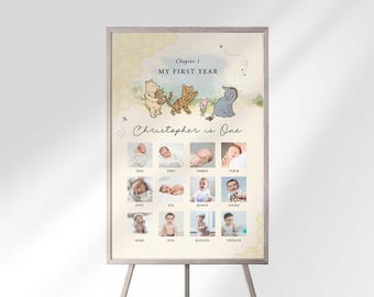 クラシックなプーさんの1歳の誕生日フォトマイルストーンボード：月ごとの記念品（デジタルダウンロード）