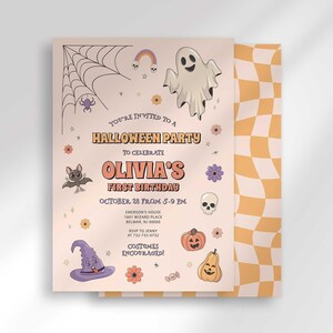 Halloween-themed first birthday invitation with illustrated ghost, spiderweb, black cat, pumpkin, and witch hat on a cream background, reading "You're invited to a Halloween Party to celebrate Olivia's First Birthday" with the party date, time, location, and a note that costumes are encouraged.