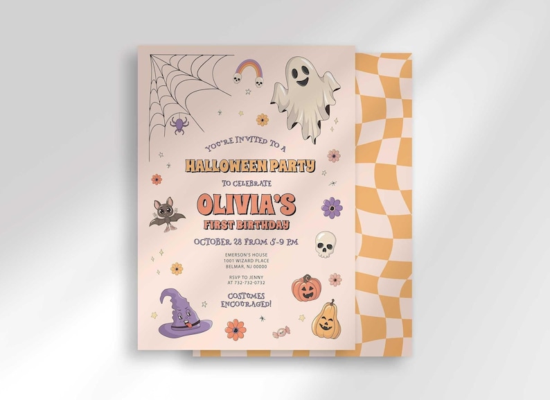 Halloween-themed first birthday invitation with illustrated ghost, spiderweb, black cat, pumpkin, and witch hat on a cream background, reading "You're invited to a Halloween Party to celebrate Olivia's First Birthday" with the party date, time, location, and a note that costumes are encouraged.
