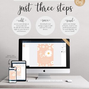 Graphic explaining the 'just three steps' process: edit your design at Corjl.com in your browser, save it as a JPG or PDF, and send it by printing at home, using a professional printer, or sending digitally, shown with the design displayed on a desktop computer, tablet, and phone.