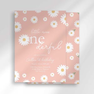 Front and back preview of the Little Miss Onederful pink daisy first birthday invitation, with party details on the front and a daisy field pattern on the back.