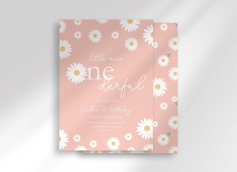 Front and back preview of the Little Miss Onederful pink daisy first birthday invitation, with party details on the front and a daisy field pattern on the back.