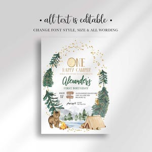 An explainer graphic reading "all text is editable, change font style, size & all wording" shown over Alexander's camping-themed invitation design.