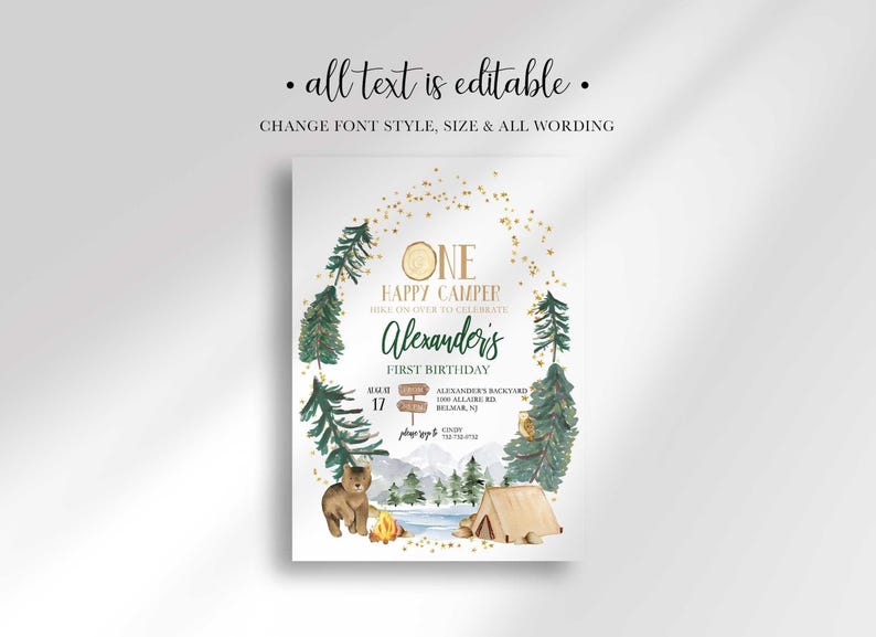 An explainer graphic reading "all text is editable, change font style, size & all wording" shown over Alexander's camping-themed invitation design.