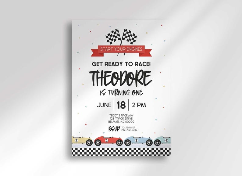 "Theodore is Turning One" race car birthday invitation with checkered flags, a red "Start Your Engines" banner, and a row of colorful cartoon race cars.