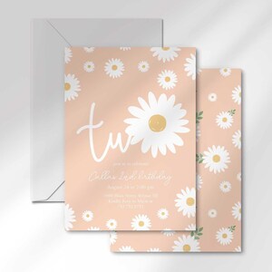 The 'TWO' invitation for Callie's 2nd birthday layered in front of its matching envelope and a second card showing the daisy pattern back design.