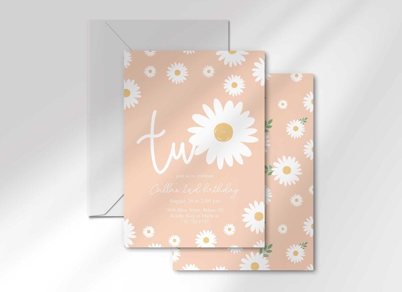 The 'TWO' invitation for Callie's 2nd birthday layered in front of its matching envelope and a second card showing the daisy pattern back design.