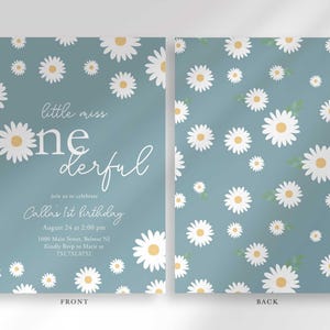 Front and back view of the invitation: the front shows the dusty blue daisy design with party details, and the back shows a matching repeating daisy pattern.
