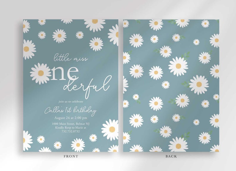 Front and back view of the invitation: the front shows the dusty blue daisy design with party details, and the back shows a matching repeating daisy pattern.