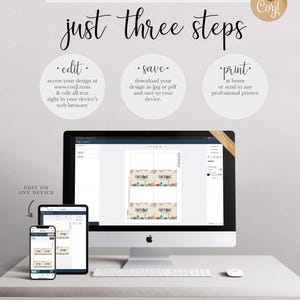 A desktop computer, tablet, and smartphone display an online editing interface for the dinosaur labels next to text outlining three steps.