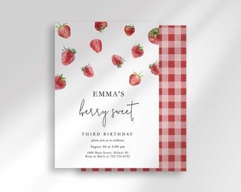 Strawberry Birthday Invitation Berry Sweet First Party Decor Little Girl Celebration Digital