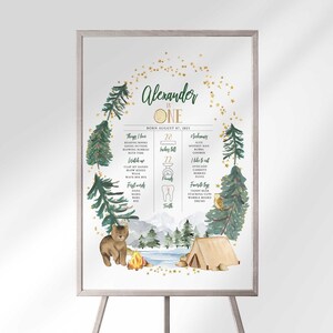 Framed Alexander is ONE milestone sign on an easel, showing the white-background woodland camping design styled for display.
