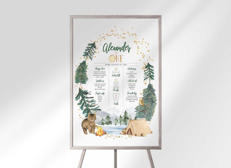 Framed Alexander is ONE milestone sign on an easel, showing the white-background woodland camping design styled for display.