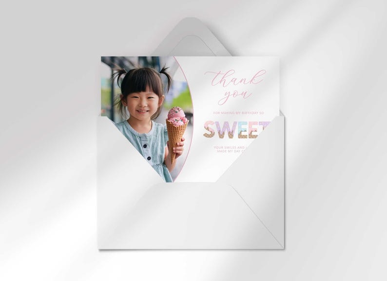 The ice cream-themed photo thank you card for Olivia peeking out of a white envelope.