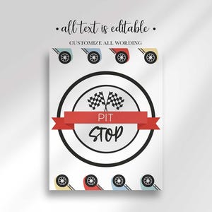 Pit Stop sign in a circular badge design with crossed checkered flags and racing wheel corners, all text editable.