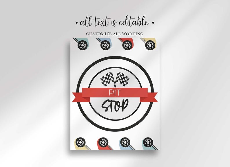 Pit Stop sign in a circular badge design with crossed checkered flags and racing wheel corners, all text editable.