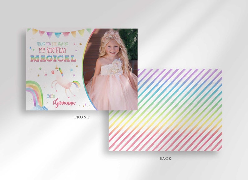 Rainbow Unicorn Birthday Thank You Card with Photo Edit Yourself Instant Digital Download image 3