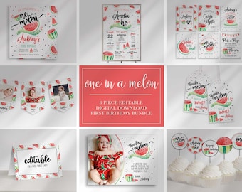 Watermelon 1st Birthday Invitation Bundle: Editable Party Decor (Digital Download)