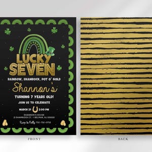 Labeled front and back layout of the "Lucky Seven" St. Patrick's Day invitation — front shows Shannon's Turning 7 party details, back shows a gold glitter-stripe pattern.