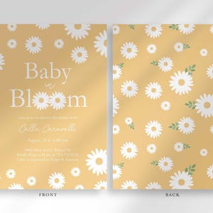 Front and back view of the invitation: the front shows the mustard yellow daisy design with party details, and the back shows a matching repeating daisy pattern.
