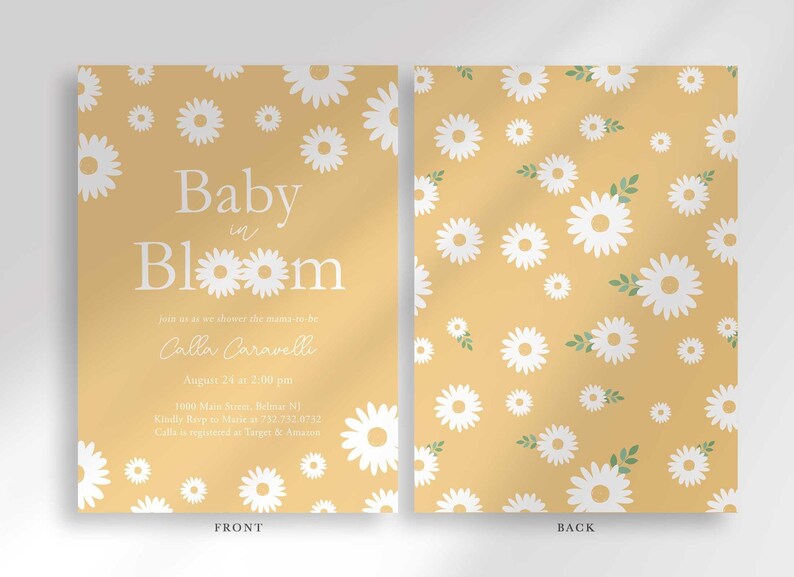 Front and back view of the invitation: the front shows the mustard yellow daisy design with party details, and the back shows a matching repeating daisy pattern.