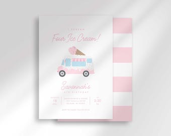 Invitación de cumpleaños "I Scream Four Ice Cream", camión de fiesta rosa estilo preppy