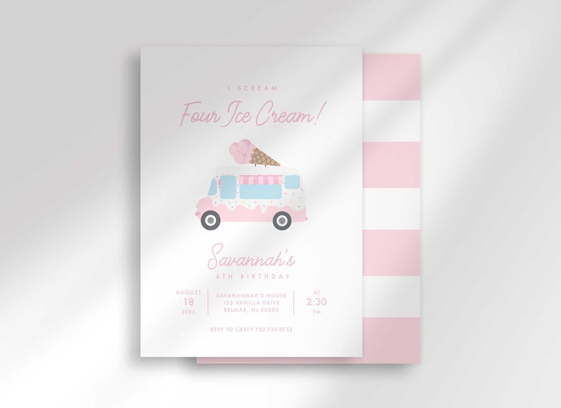 A pink checkered-background birthday invitation reading 'I Scream, Four Ice Cream!' with an illustrated pink ice cream truck and ice cream cone, for Savannah's 4th birthday, plus date, time, address, and RSVP details.