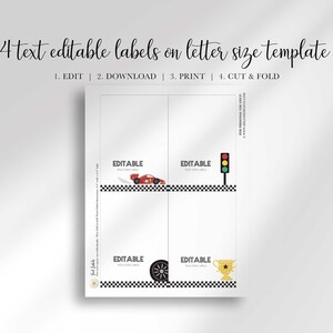 A digital template on a letter-sized page showing four editable food label designs with race car, traffic light, tire, and trophy graphics.
