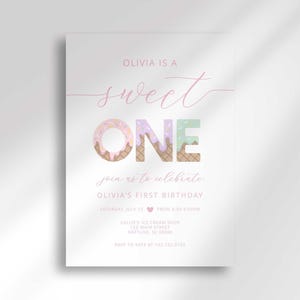 Full view of the "Sweet ONE" first birthday invitation without the sprinkle side panel, showing the complete party details for Olivia's celebration.