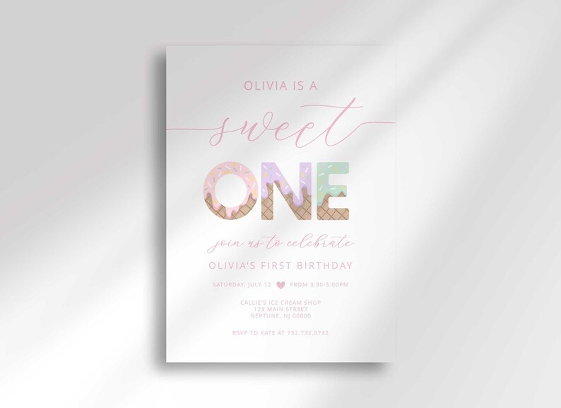 Full view of the "Sweet ONE" first birthday invitation without the sprinkle side panel, showing the complete party details for Olivia's celebration.