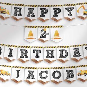 Pancarta de cumpleaños de construcción, decoración personalizada para fiesta con nombre, banderines con temática de camiones, banderín de letras imprimible DIY, descarga digital instantánea