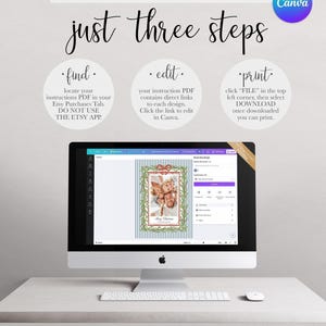 A desktop computer setup showing the digital card template open in Canva with instructions for a three-step editing process.