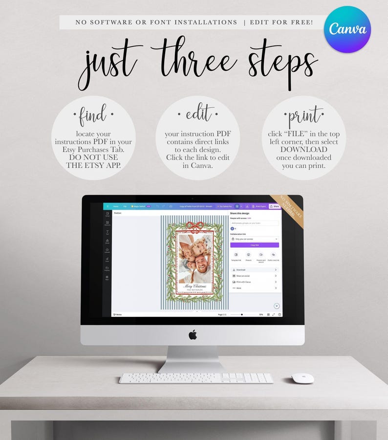 A desktop computer setup showing the digital card template open in Canva with instructions for a three-step editing process.