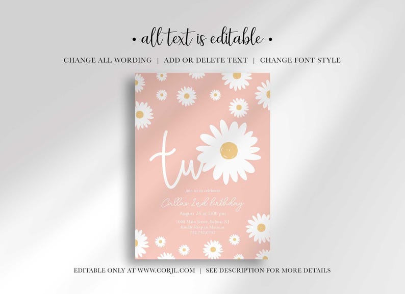 Graphic explaining that all text on the invitation is editable, with options to change wording, add or delete text, and change font style, noting it is editable only at Corjl.com.